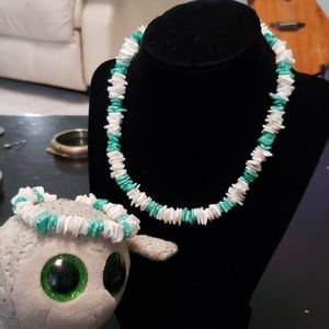 Teal and white bracelet and necklace